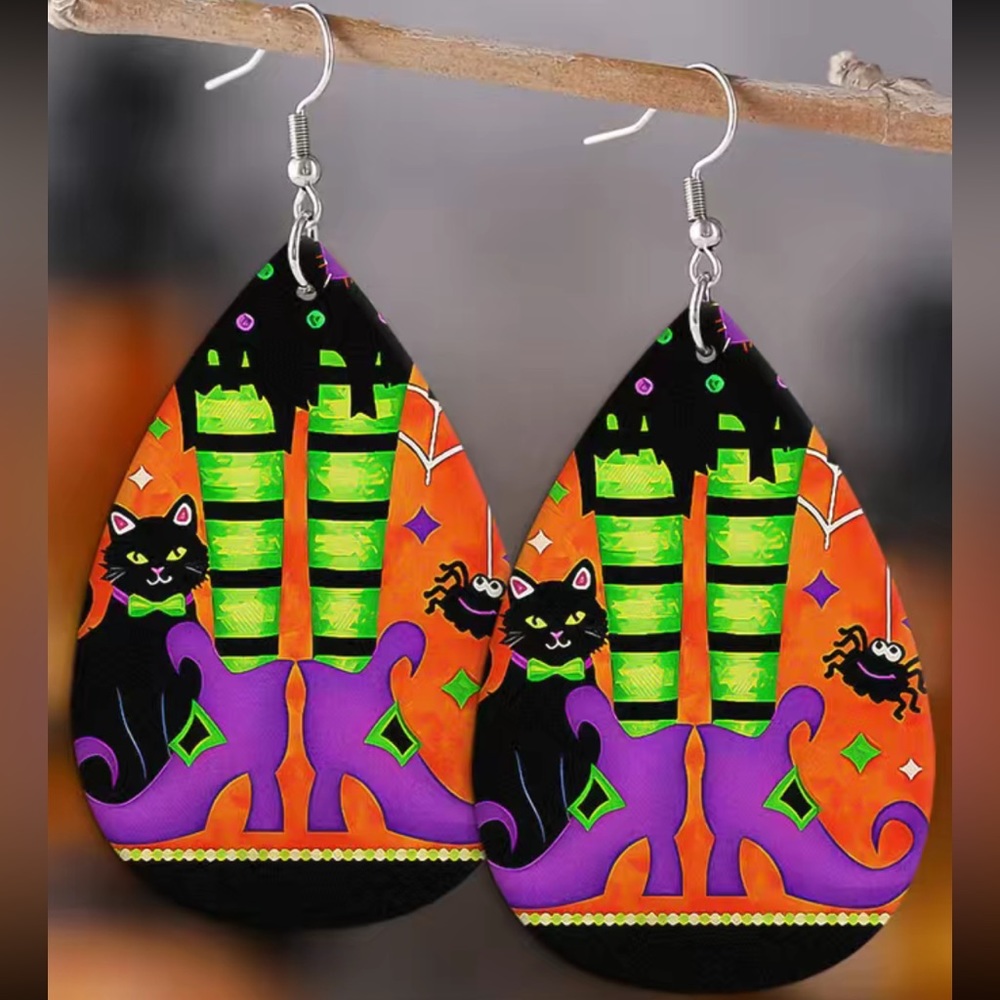 Fun Halloween Earrings w/Black Cat & Witch Legs